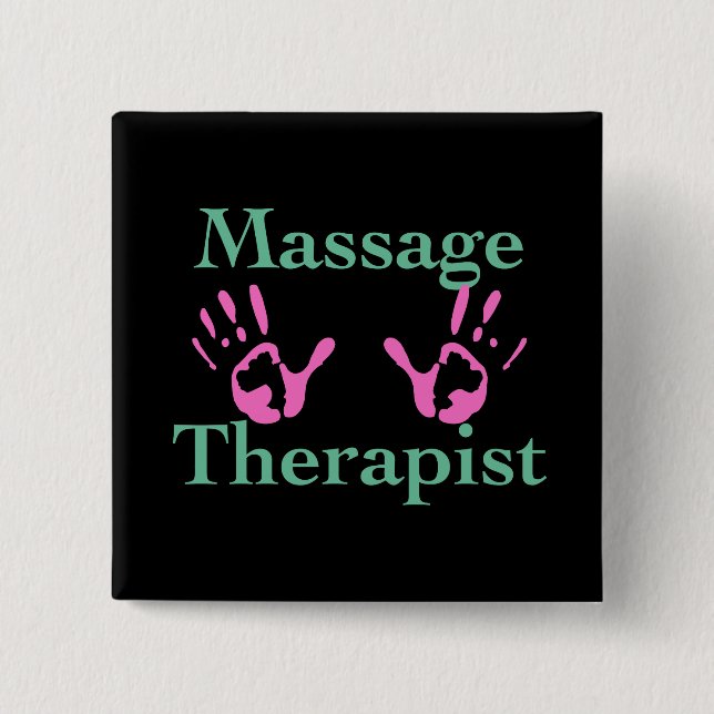 Massage Therapist: Pink Hand Prints 2 Inch Square Button (Front)