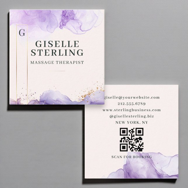 Massage Therapist Purple Watercolor QR Code Square Business Card (Creator Uploaded)