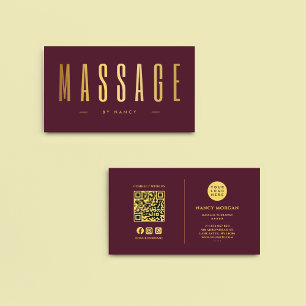 Massage Therapist QR Code Logo Burgundy & Gold    Business Card