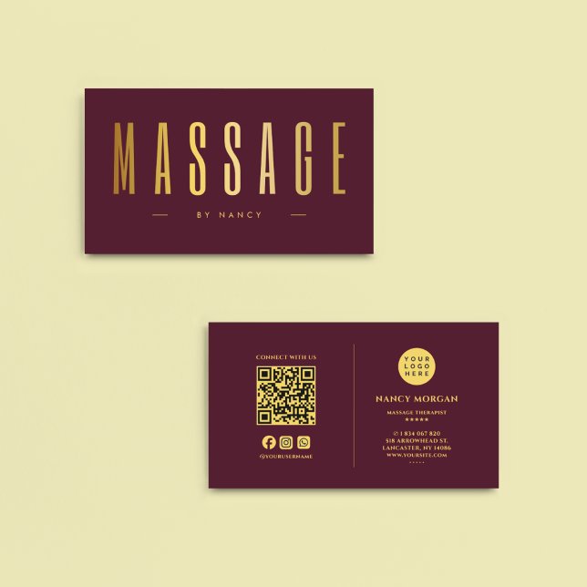 Massage Therapist QR Code Logo Burgundy & Gold    Business Card (Creator Uploaded)