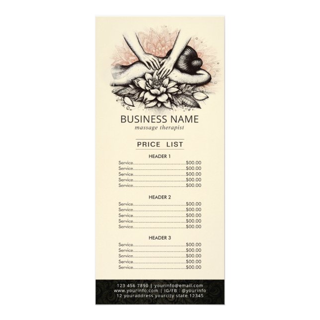 Massage Therapy Healing Hand Energy Spa Price List Rack Card (Front)