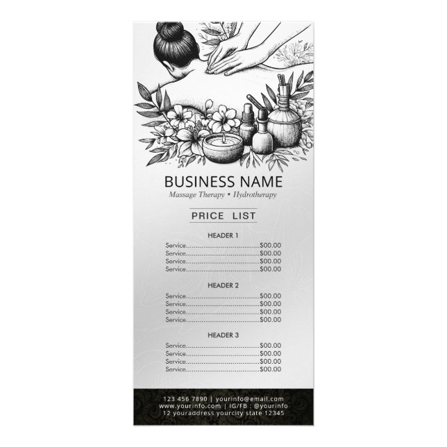 Massage Therapy Healing Hand Energy Spa Price List Rack Card (Front)