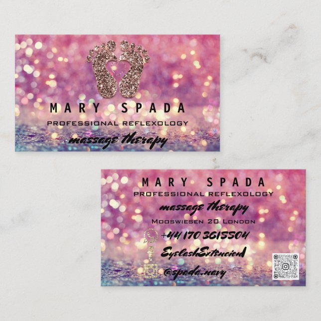 Massage Therapy Reflexology Feet Rose Glitter QR  Business Card (Front/Back)