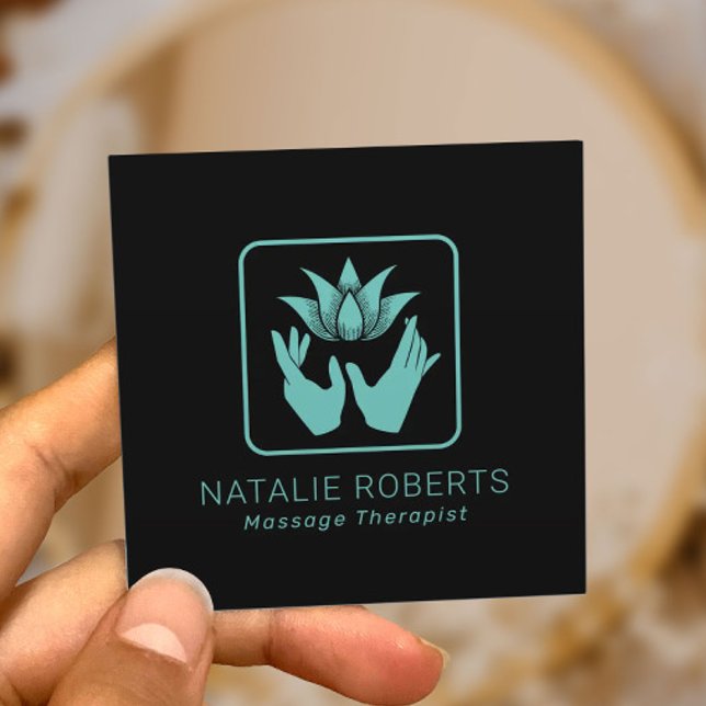Massage Therapy Teal Healing Hands & Lotus Flower Square Business Card (Creator Uploaded)