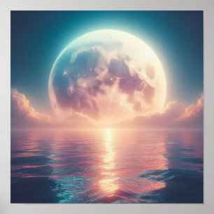 Massive Lunar Glow Over Tranquil Ocean Surface Poster