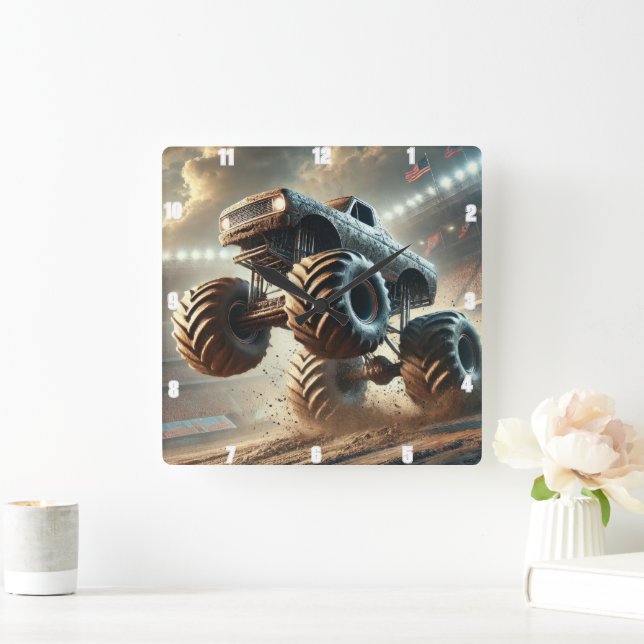 Massive Monster Truck Racing Through Mud Square Wall Clock (Home)