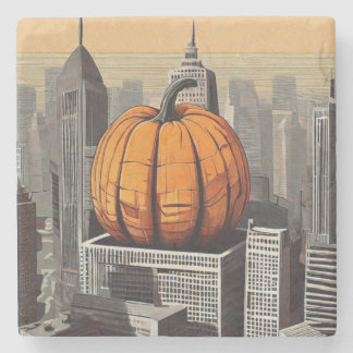 Massive Pumpkin in City Skyline Stone Coaster