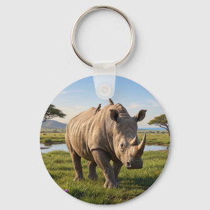 Massive Rhino Roaming Open Savanna Plains Photo En Keychain