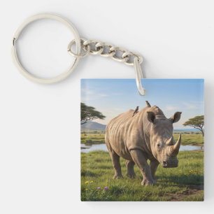 Massive Rhino Roaming Open Savanna Plains Photo En Keychain