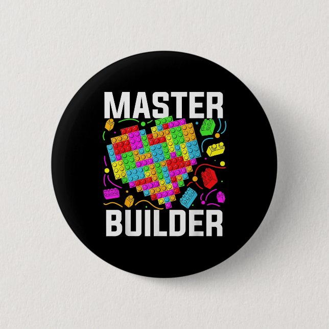 Master Builder Heart Block Brick Building 2 Inch Round Button (Front)