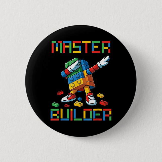 Master Builder Tee Dabbing Blocks Bricks Building  2 Inch Round Button (Front)