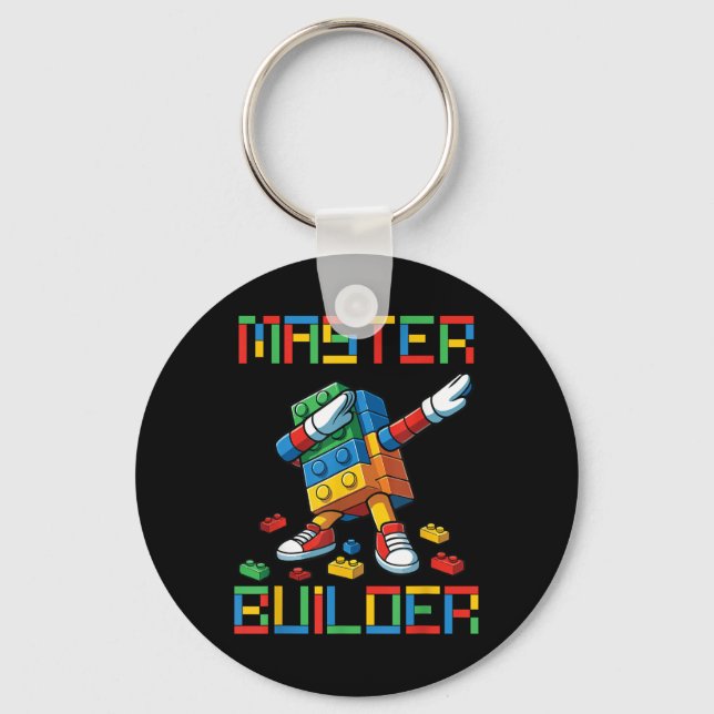 Master Builder Tee Dabbing Blocks Bricks Building  Keychain (Front)