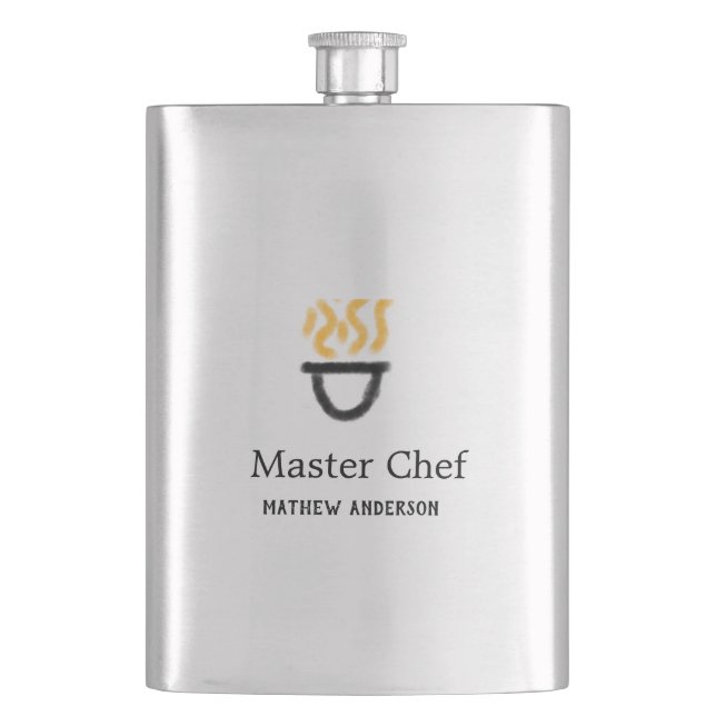 Master chef add name black pan yellow fire fume co hip flask (Front)