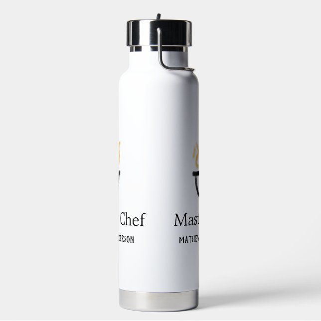 Master chef add name black pan yellow fire fume co water bottle (Left)