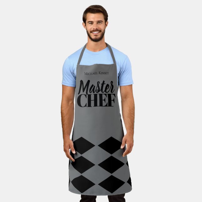 Master Chef name personalized black grey chequered Apron (Worn)