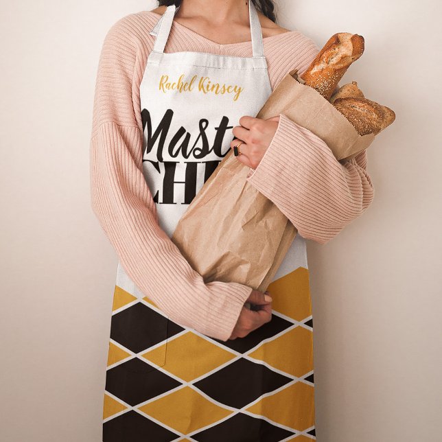 Master Chef name personalized black orange chequer Apron (Creator Uploaded)
