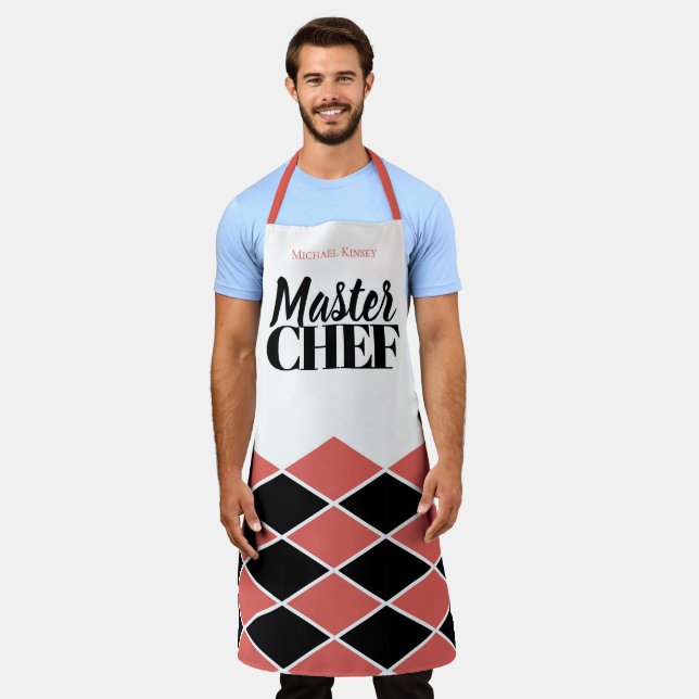 Master Chef name personalized black red chequered Apron (Worn)