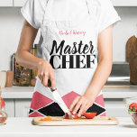 Master Chef name personalized black red chequered Apron<br><div class="desc">Geometric mosaic pavement style patterned print all over elegant apron in coral red,  white,  and black with a bold MASTER CHEF typography script.            You can personalize it with your name.          It can be a nice gift for a cooking lover or a master chef - husband,  friend,  fiancee,  or employee.</div>