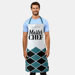 Master Chef name personalized black teal chequered Apron