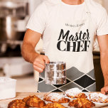 Master Chef name personalized black white chequere Apron<br><div class="desc">Geometric mosaic pavement style patterned print all over elegant apron in black, white and dark grey charcoal with a masculine look and bold MASTER CHEF typography script. You can personalize it with your name. It can be a nice gift for a cooking lover or a master chef - husband, friend,...</div>