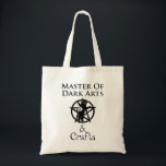 Master of Dark Arts & Crafts Tote Bag<br><div class="desc">Master of Dark Arts & Crafts. This funny occult knitting & crocheting design is a great gift for a witch or pagan who loves to knit or crochet. Has a graphic of a pentagram with a cat playing with a ball of yarn. Crafting & the fibre arts can seem like...</div>
