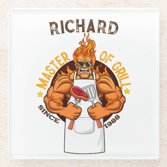 Master of Grill Fathers Day Gift BBQ Chef Dad Glass Coaster (Front)