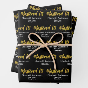 Mastered It! Black White Gold Script Grad's Name Wrapping Paper Sheet