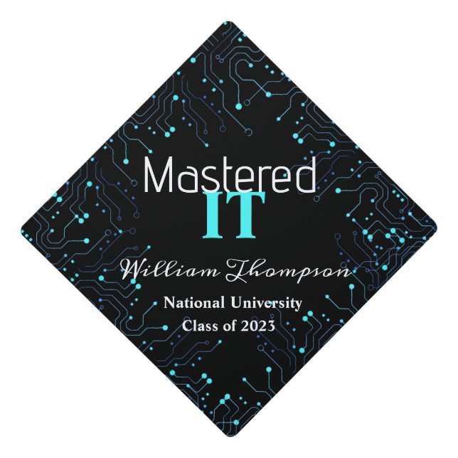 Mastered IT Blue Circuit Board Computer Tech  Graduation Cap Topper (Front)