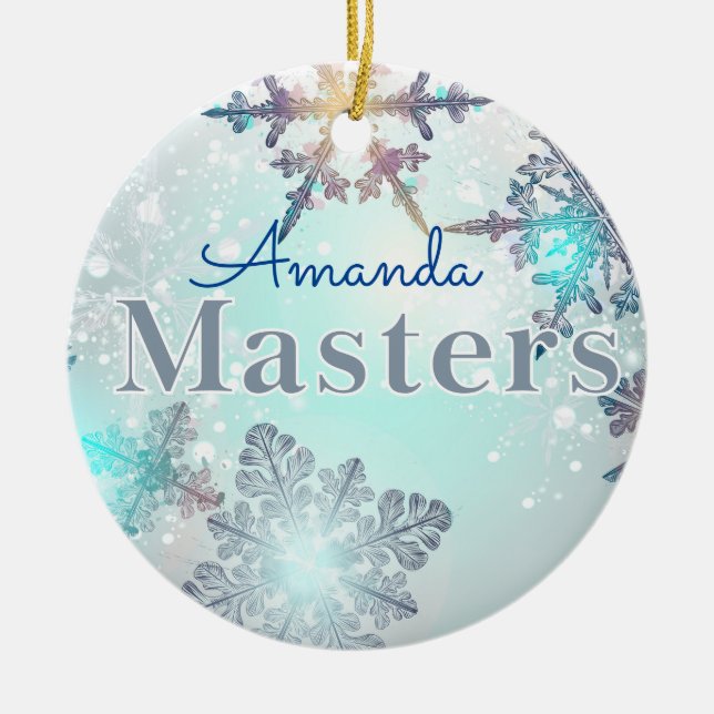 Masters Graduation Personalized Name Blue  Ceramic Ornament (Front)
