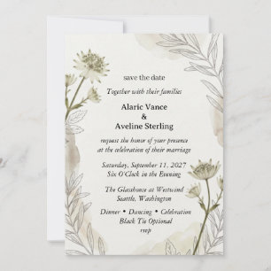 Masterwort, Botanical Line Art, Minimalist Border, Invitation