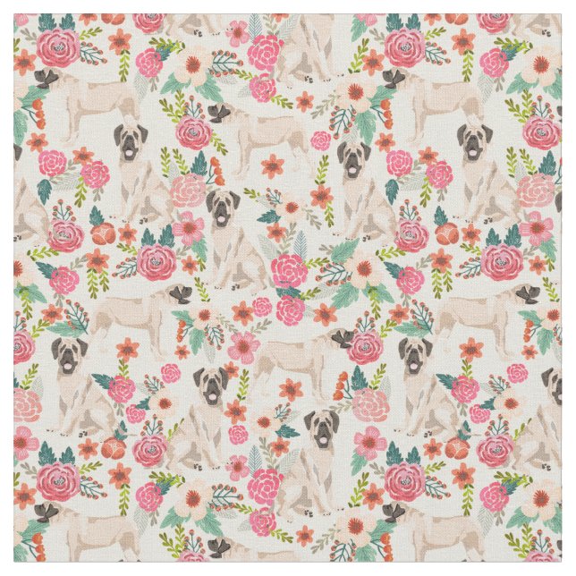Mastiff Dog Florals Fabric (Close Up)