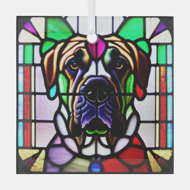 Mastiff Dog "Stained Glass"  Glass Ornament (Front)
