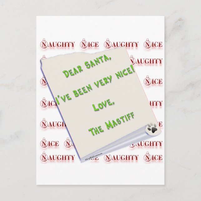 Mastiff Naughty or Nice Holiday Postcard (Front)
