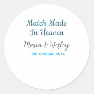 Match made in heaven blue black couple name date classic round sticker