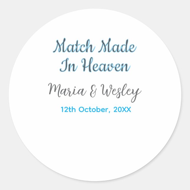 Match made in heaven blue black couple name date classic round sticker (Front)