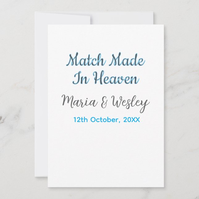 Match made in heaven blue black couple name date invitation (Front)