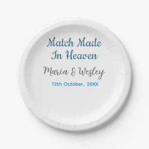 Match made in heaven blue black couple name date paper plate
