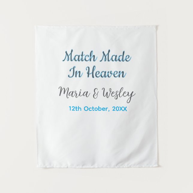 Match made in heaven blue black couple name date tapestry (Front)