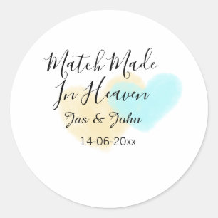 Match made in heaven blue yellow pastel heart name classic round sticker