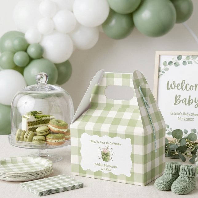 Matcha Baby shower Green Bow Gingham Favor Box (Creator Uploaded)