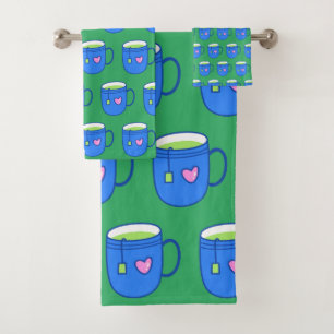 Matcha Green Tea in Blue Mug Bright Pattern Bath Towel Set
