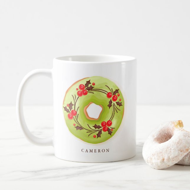 Matcha Holly Christmas Doughnuts Personalized Coffee Mug (With Donut)