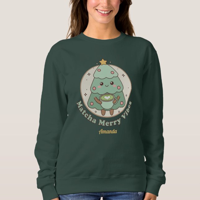Matcha Merry Vibes Christmas Tree Sweatshirt (Front)