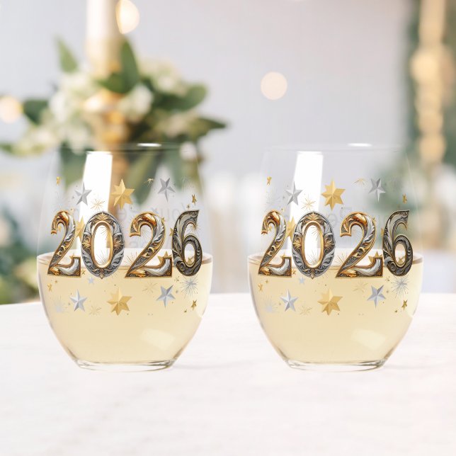 Matched Pair of New Year "2026"  Stemless Wine Glass (Insitu (Wedding))
