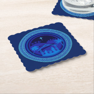 Matching Blue Nativity Christmas Scalloped Square Paper Coaster