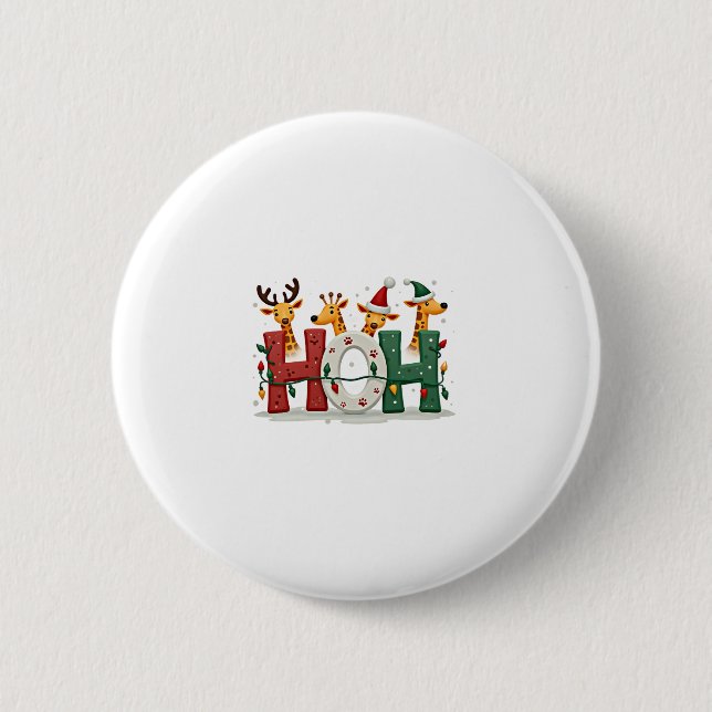 Matching Christmas Santa Hat Ho Ho Ho Giraffe Anim 2 Inch Round Button (Front)