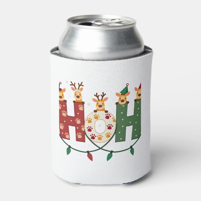 Matching Christmas Santa Hat Ho Ho Ho Giraffe Anim Can Cooler (Can Front)