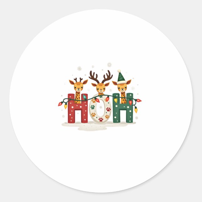 Matching Christmas Santa Hat Ho Ho Ho Giraffe Anim Classic Round Sticker (Front)