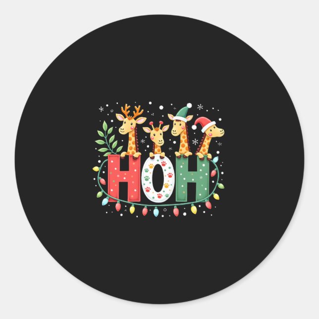 Matching Christmas Santa Hat Ho Ho Ho Giraffe Anim Classic Round Sticker (Front)