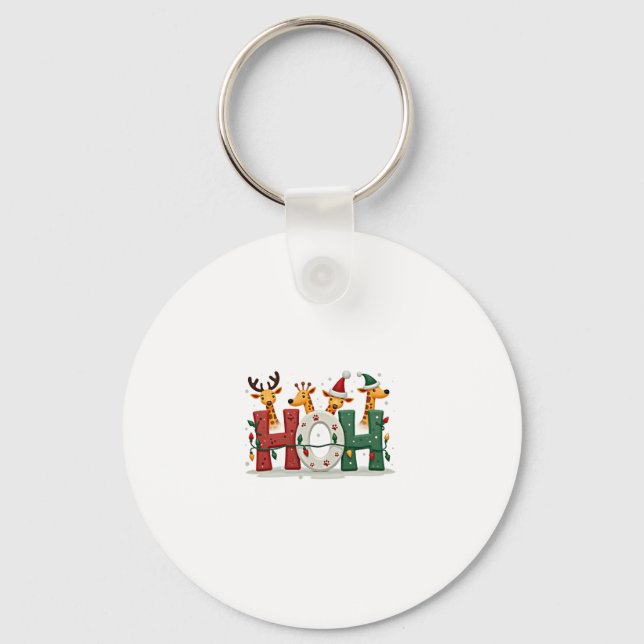 Matching Christmas Santa Hat Ho Ho Ho Giraffe Anim Keychain (Front)